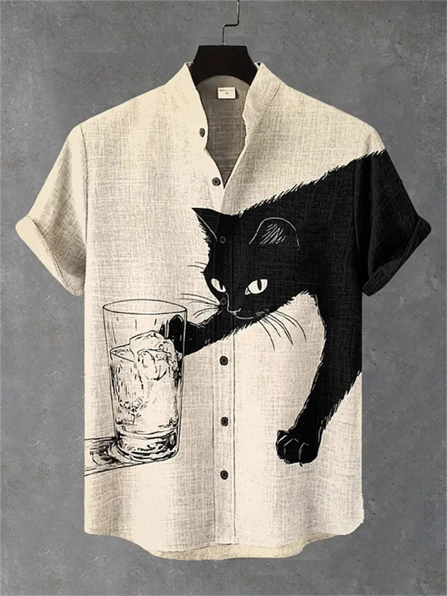 Men's short-sleeved shirt with a fun cat print, stand-up collar, single-breasted casual style. Hawaiian shirt, men's unique top.