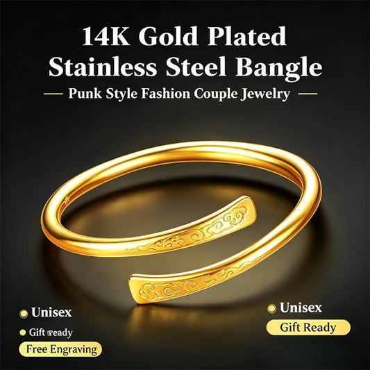 Women Men 14K Gold-Plated Stainless Steel Open Bangle Punk Temperament Couple Jewelry Free Custom Engraving Wholesale Gift