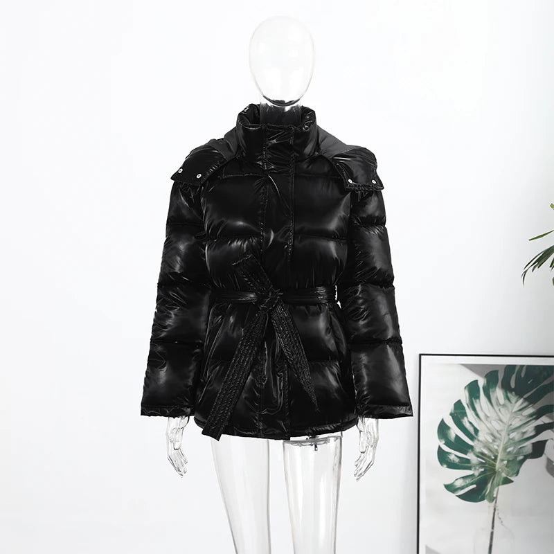 Warm Glossy Hooded Lace-up Cotton Coats Women's Casual Zipper Bottons Belted Overcoat 2026 Winter New Female Solid Streetwear