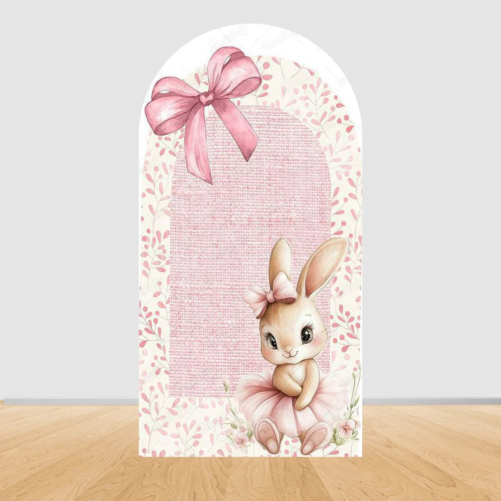 Cute Pink Bow Ballerina Bunny Rabbit Arch Backdrop Cover Flowers Pink Ballet Girl 1st Birthday Party Decor Arch Wall Background
