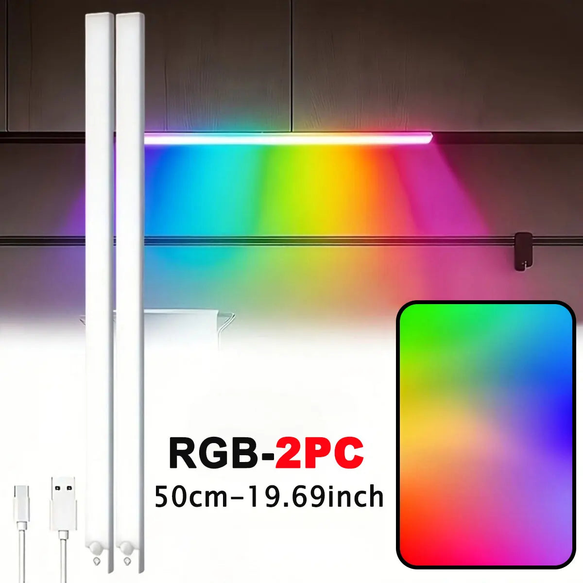11.81/19.69in RGB Cabinet Light USB Type-C Rechargeable Light Motion Sensor Led Lamp for Kitchen Wardrobe Cabinet Lighting