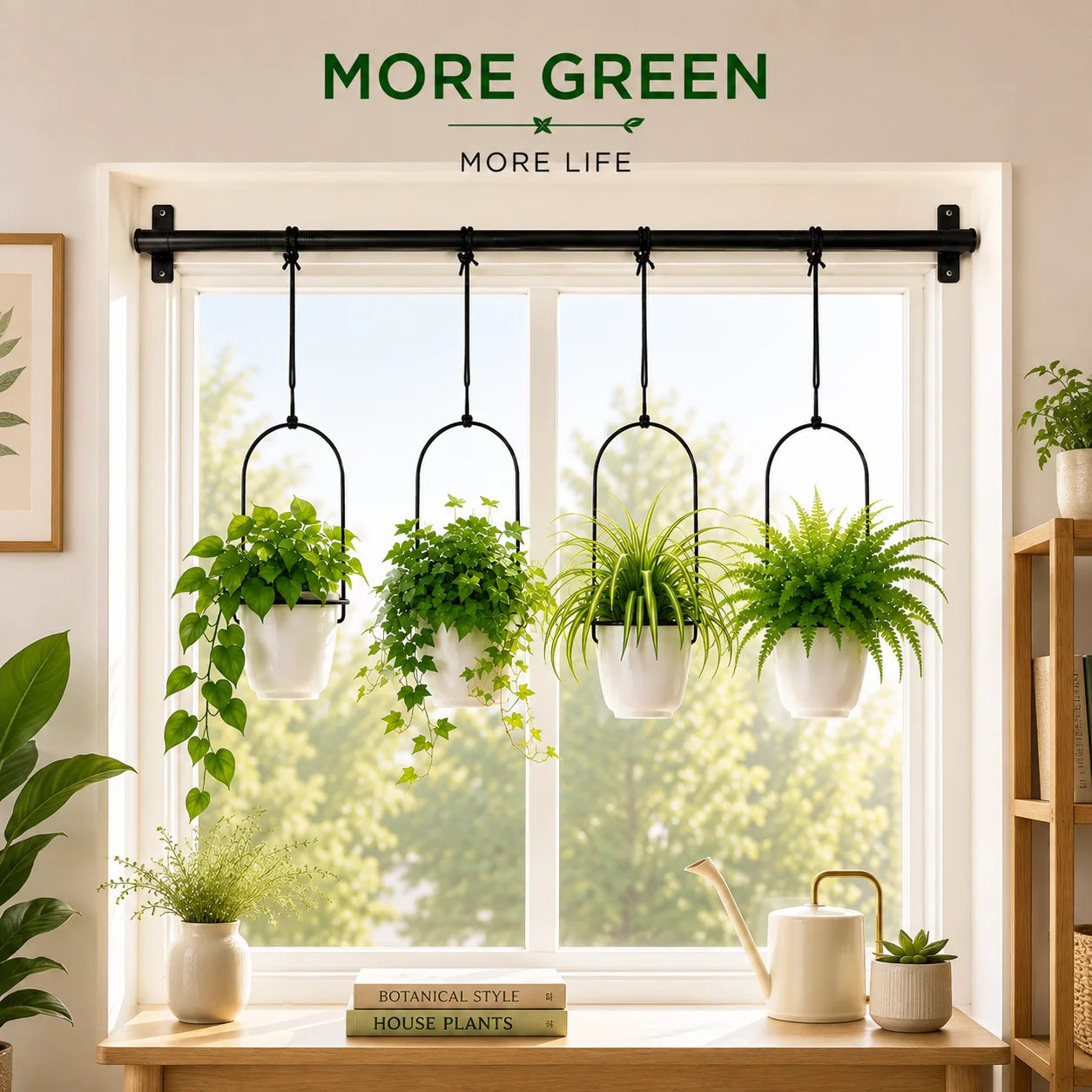 Adjustable Hanging Window Planter with 4 Pots, 41 Inch Wall Mounted Metal Plant Hanger, Space Saving Indoor Herb Garden Hanging Plant Rack for Kitchen, Balcony, Living Room & Home Decor