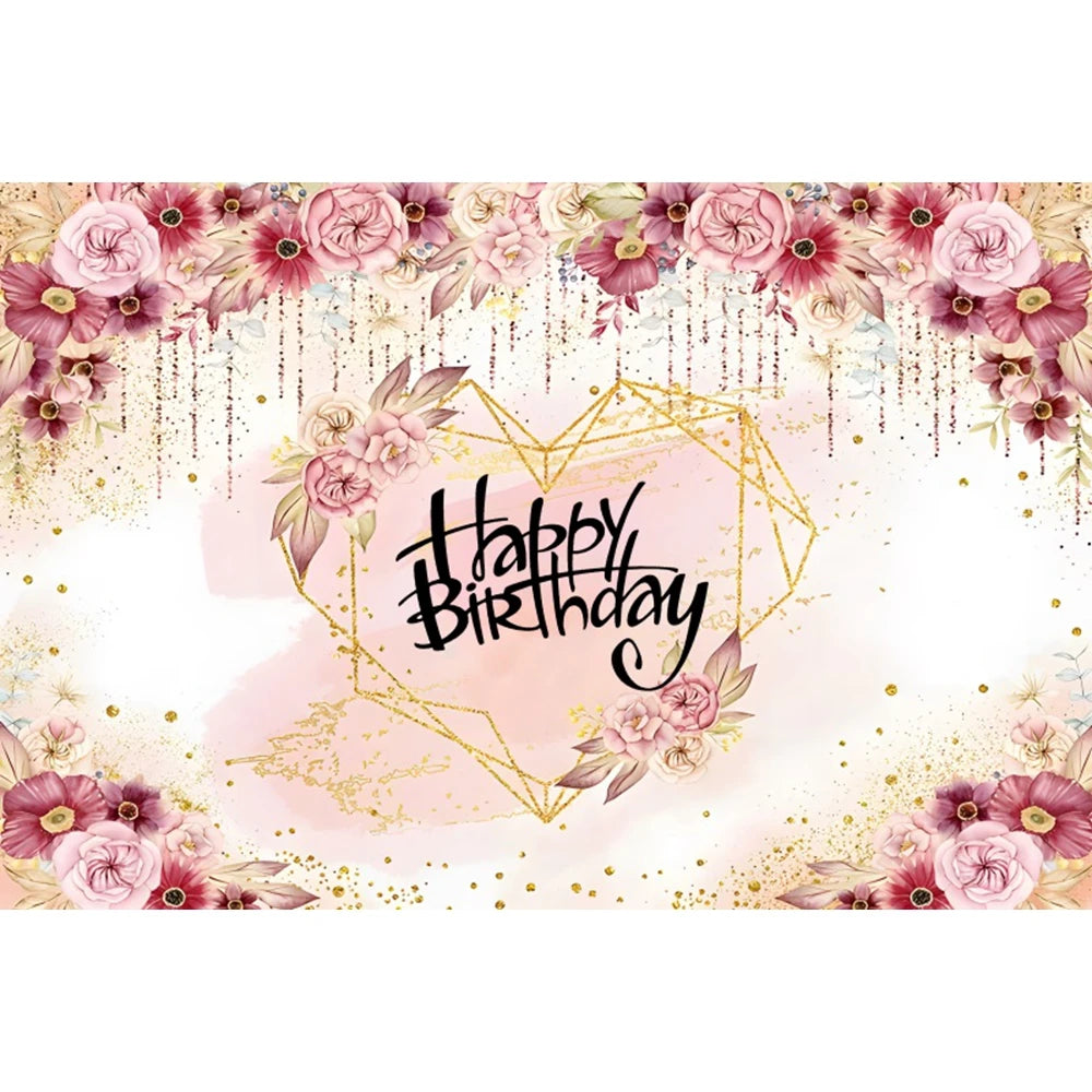Happy Birthday Backdrop Gold Frame Frame Flower Butterfly Baby Shower Adult Anniversary Birthday Party Photography Background