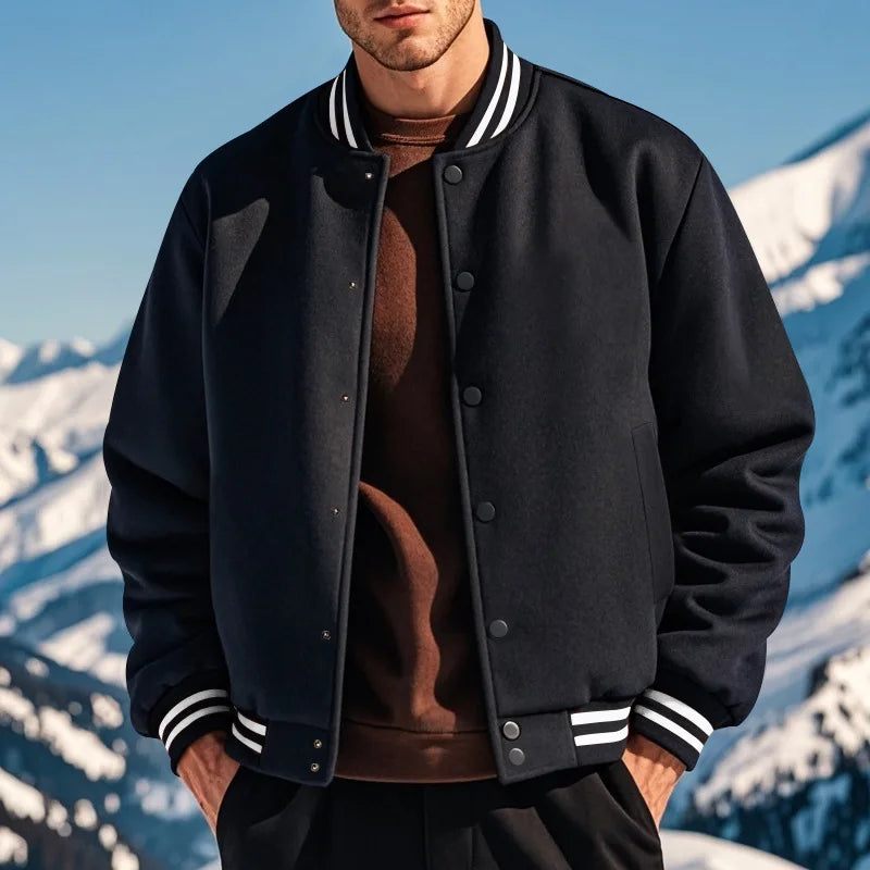 Men's Varsity Baseball Jacket Ribbed Collar Button Down Long Sleeve Loose Fit Casual Streetwear Bomber Coat With Pockets