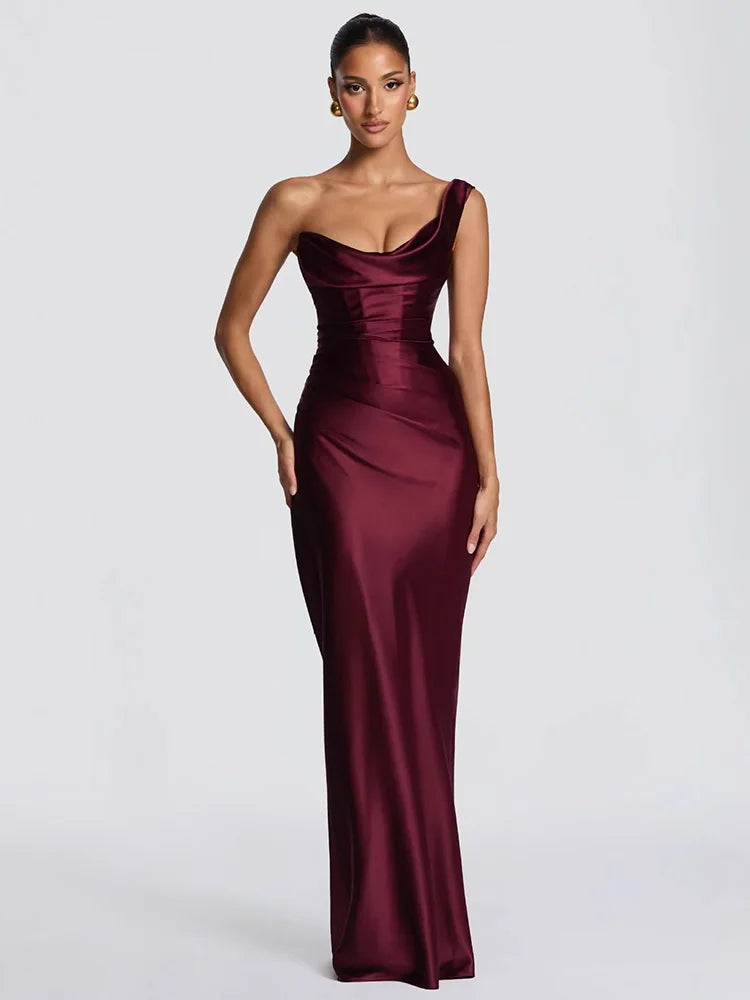 Rinabe Solid Cinched Waist Dress One Shoulder Satin Low Chest Evening Gown Ruched Backless Sexy Back Lace Up Chic Party Dresses