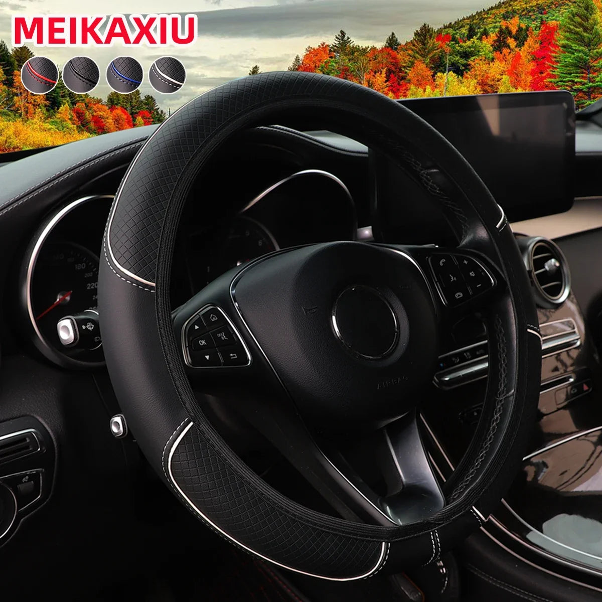 Car Steering Wheel Cover PU Leather Check-Pattern Embossed Trim Non-Ring 37-38cm Interior Accessory for Vehicle