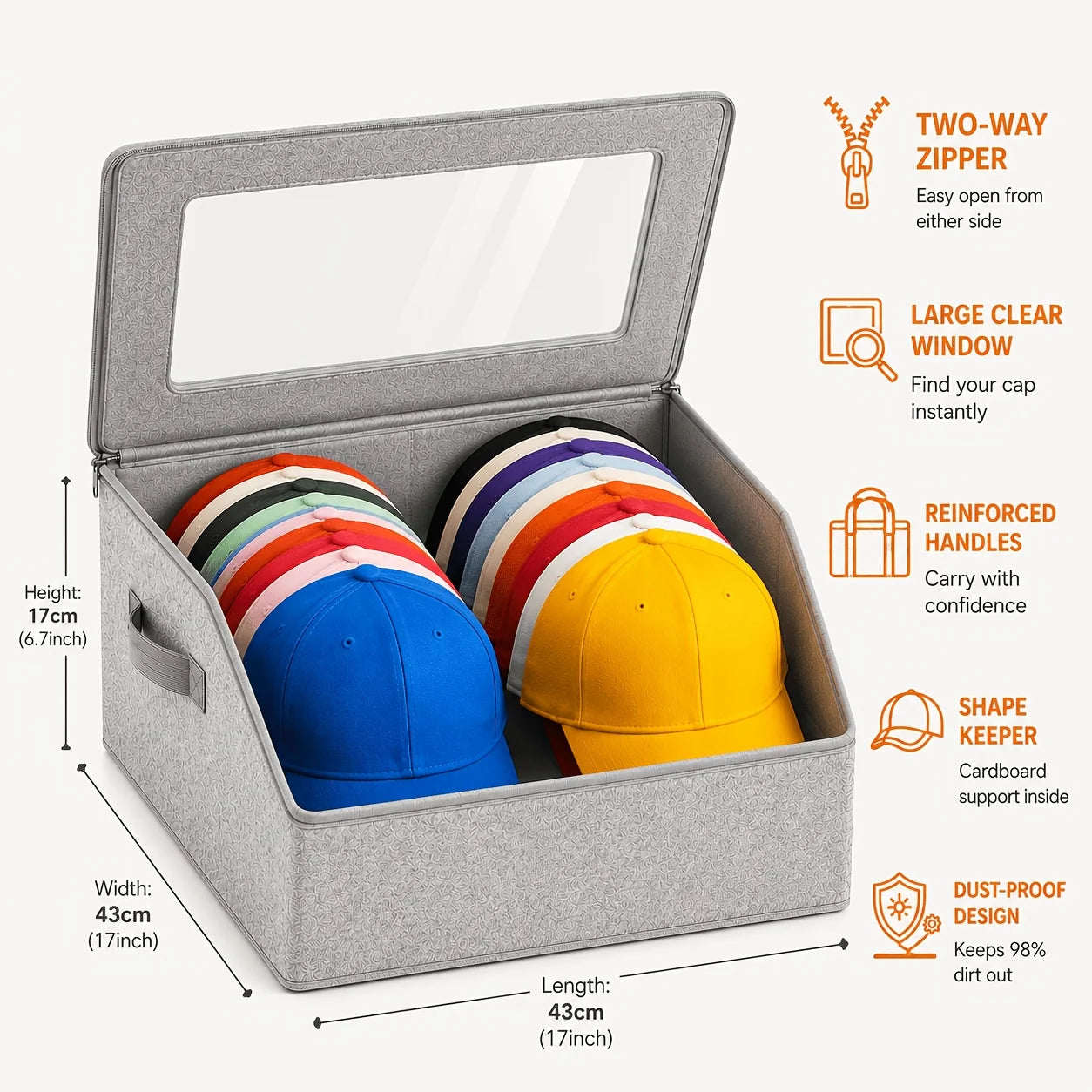 Stackable 13-Hat Storage Box – Clear Window, Zipper Dust-Proof, Foldable Organizer for Caps & Scarves