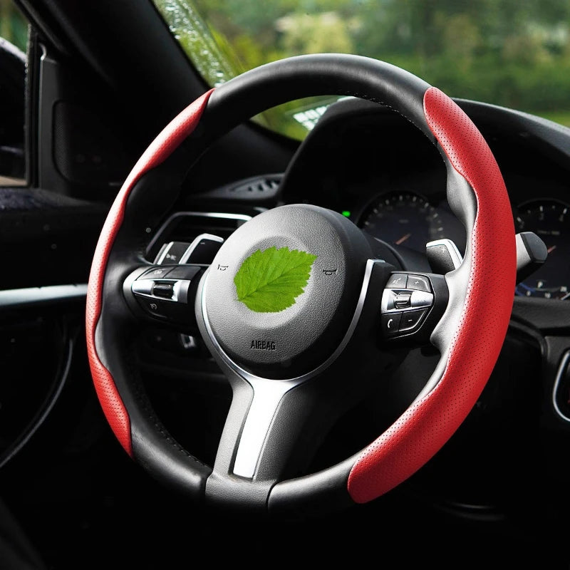 Universal D-shaped Round Car Steering Wheel Cover Ventilation Hole Leather Absorb Sweat Anti-slip Decoration Accessories 15inch