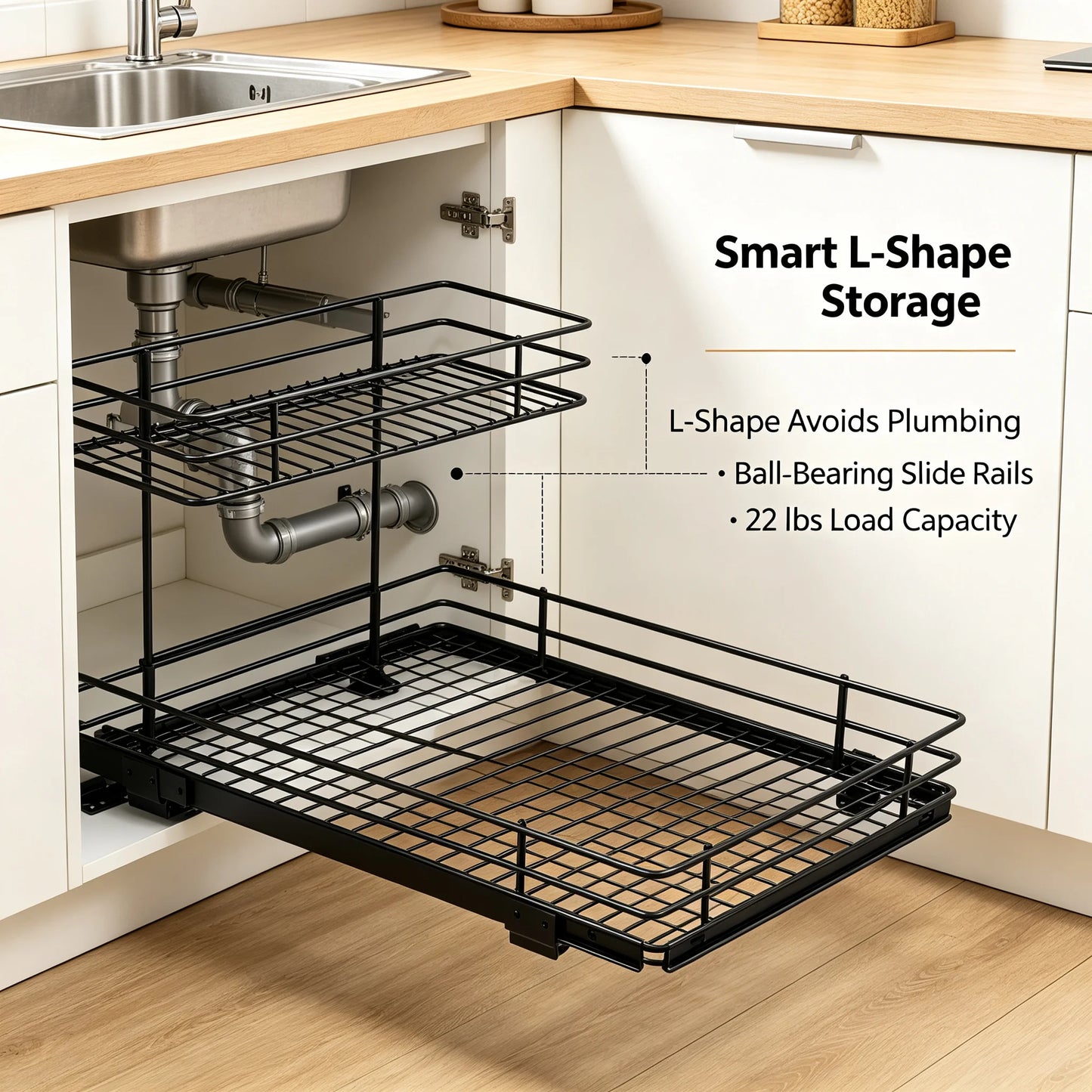 Under Sink Organizer 2-Tier Pull Out Cabinet Storage Rack, L-Shaped Slide Out Basket with Ball-Bearing Rails for Kitchen Bathroom, 22 lbs Capacity, Black