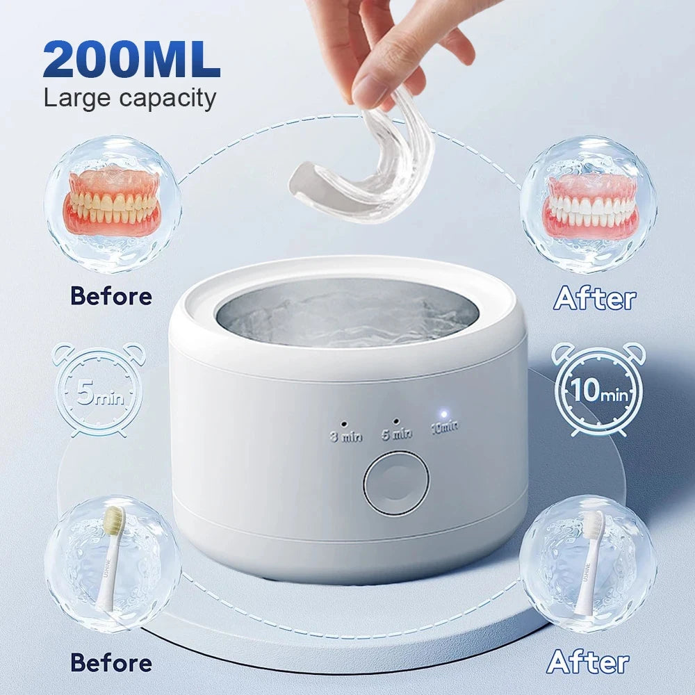 Portable Ultrasonic Retainer Cleaner Machine for Dentures Retainer Mouth Guard Aligner Whitening Trays Personal Oral Supplies