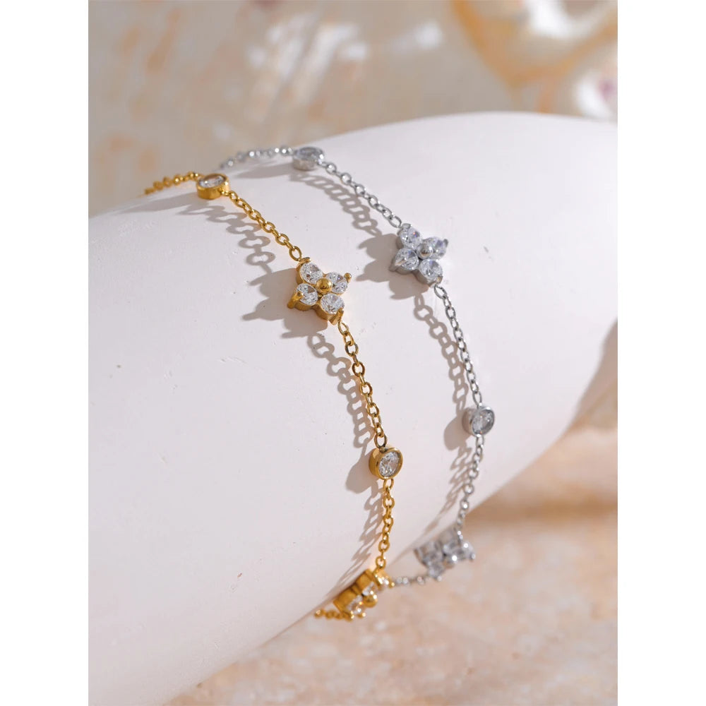 Yhpup Delicate Cubic Zirconia Flower Chain Thin Bracelet Bangle Stainless Steel Rust Proof Office Ladies Chic Jewelry New Gift