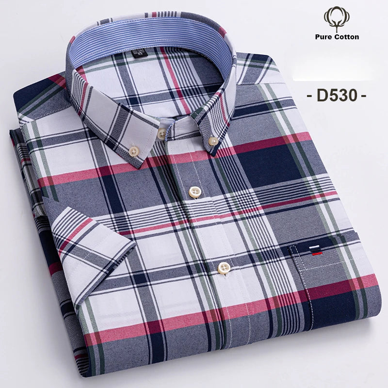 Plus Size 7XL Summer Short Sleeve Shirt 100%Cotton Shirts for Men White Plaid Striped Social Slim Fit Formal Business Clothing