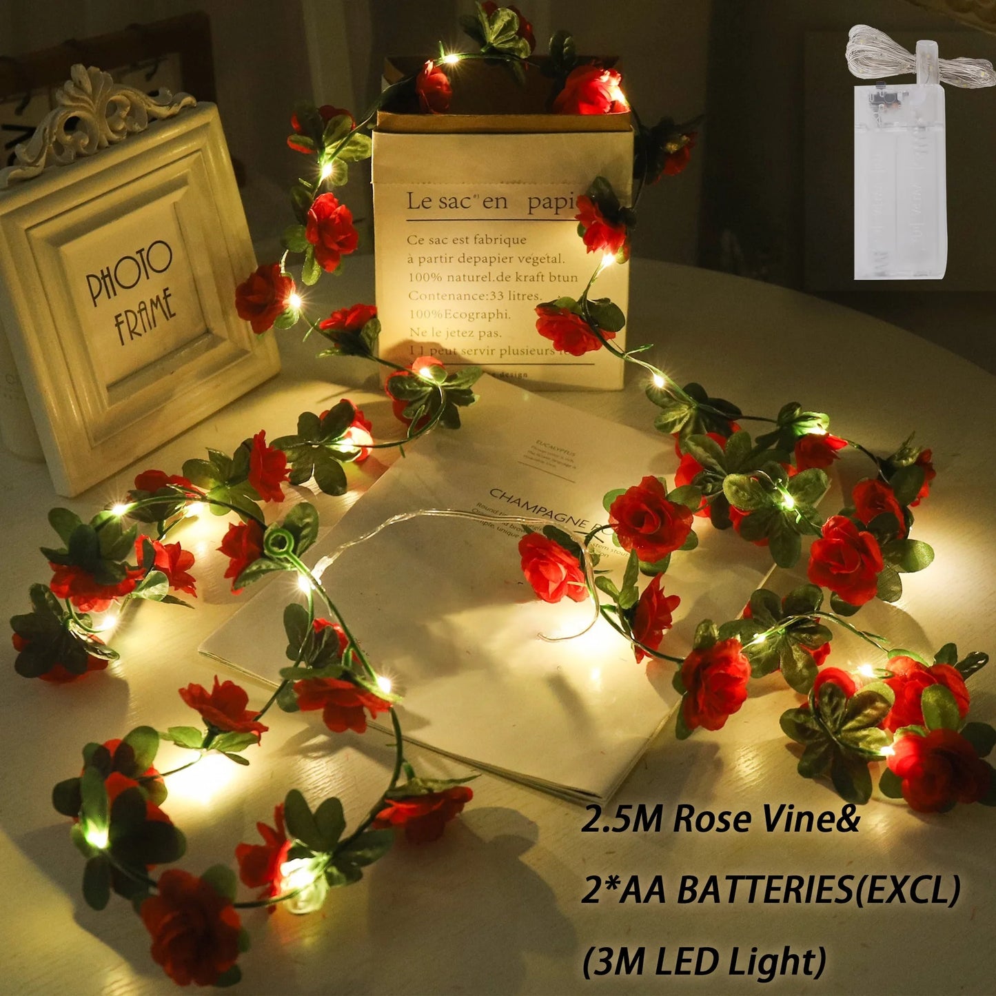 Rose LED Lights String Artificial Flowers Ivy Leaves Wedding Garland Home Room Decoration Arch Hanging Wall Garden Party Decor