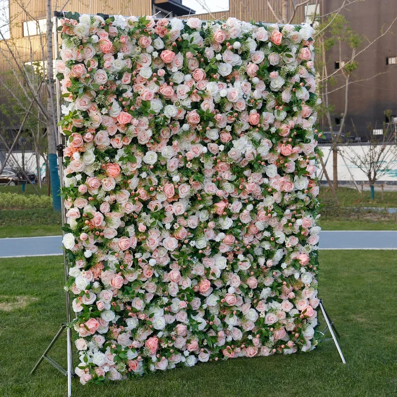 5D White Rose Cloth Flower Wall Artificail Fabric Roll Up Hydrangea Floral Wall Wedding Backdrop Decor Hang Curtain Photo Props