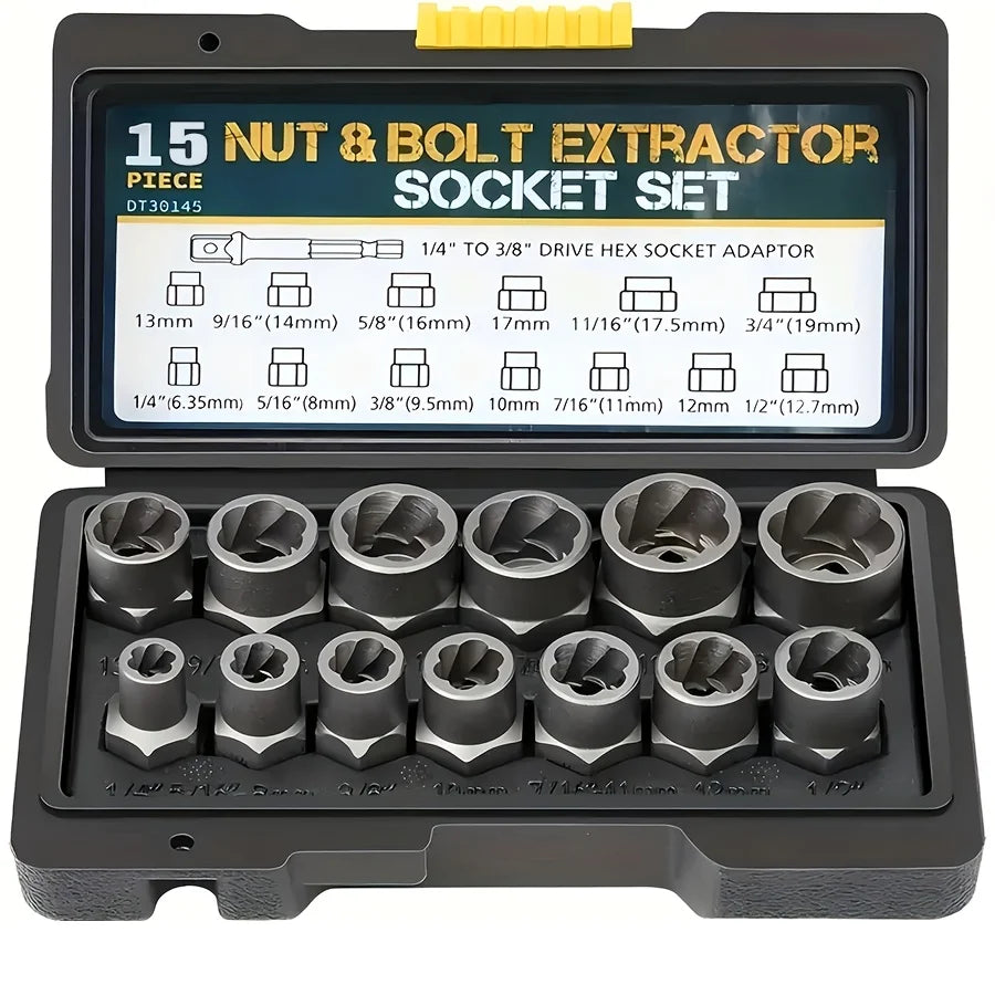 15pc Nut Extractor Set w/ Knockout Bar & 1/4"-3/8" Adapter, Bolt & Nut Remover Kit
