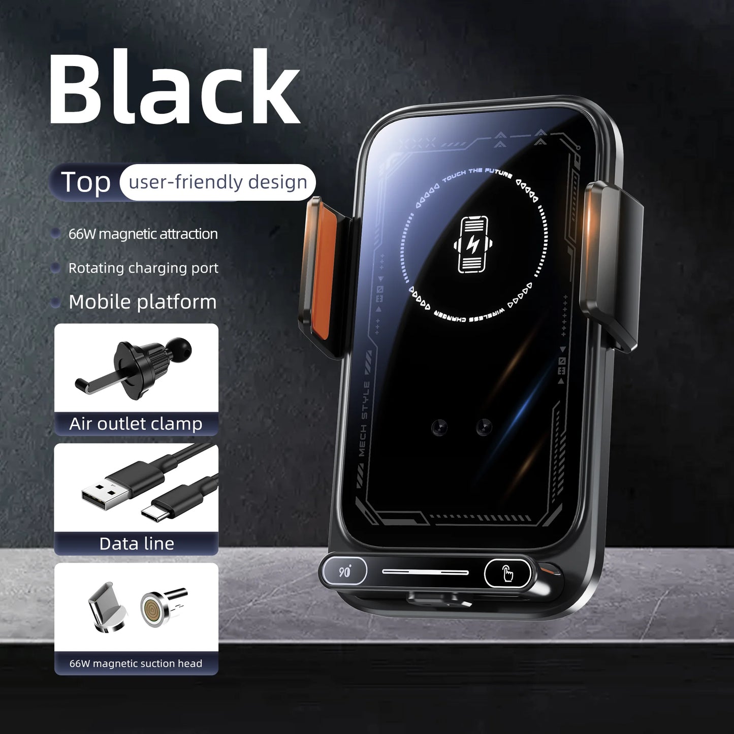 HONGYUE 2025 New SD13 Car Mobile Phone Holder 15W Wireless Charging. 66W Magnetic Charging Head. All Mobile Phones Can Be Used