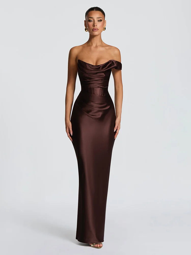 Rinabe Solid Cinched Waist Dress One Shoulder Satin Low Chest Evening Gown Ruched Backless Sexy Back Lace Up Chic Party Dresses