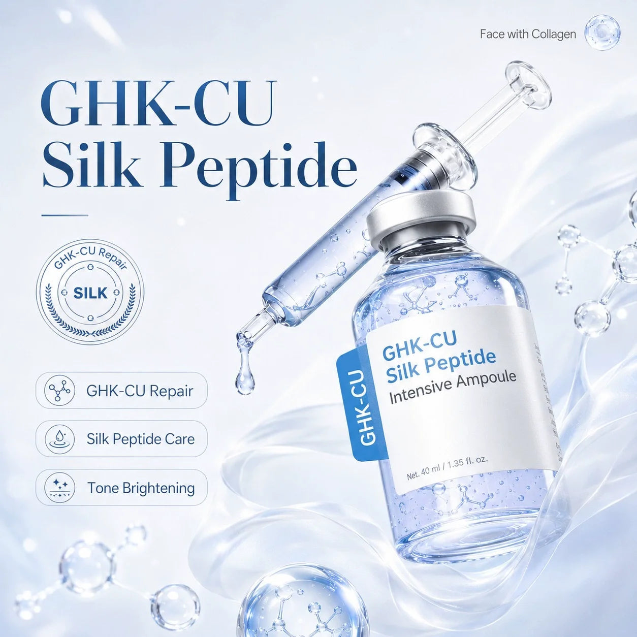 GHK-Cu Blue Copper Silk Peptide Ampoule Serum Deep Collagen Hydrate Moisturize Soften Smooth Firm Korean Facial Skin Care