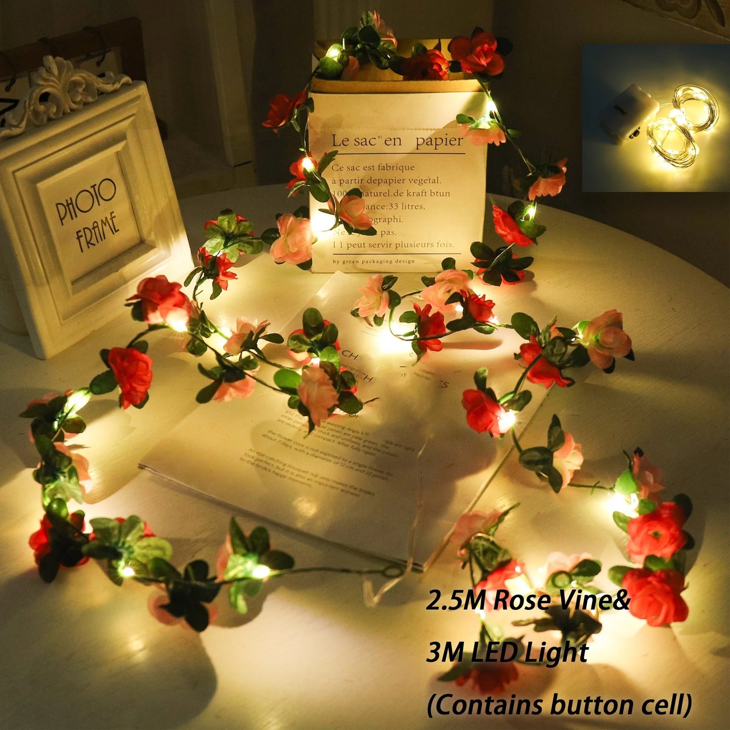 Rose LED Lights String Artificial Flowers Ivy Leaves Wedding Garland Home Room Decoration Arch Hanging Wall Garden Party Decor