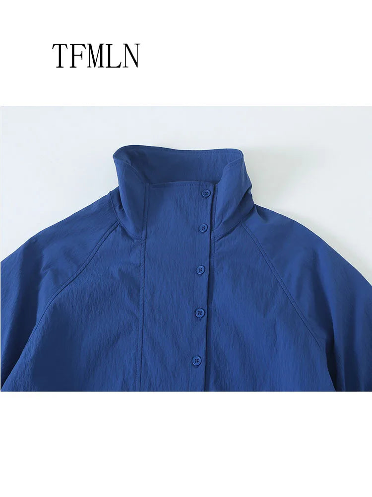 TFMLN Vintage Blue Single Breasted Jackets For Women 2026 Autumn New Chic Causal Folds Sleeve Stand Collar Coats High Street Top