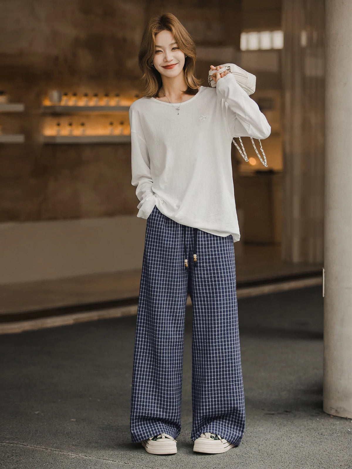 XIAOGULI Blue Plaid Wide Leg Pants Women Cotton High Waist Drawstring Trousers 2026 Petite Regular 2 Types Casual Long Pants