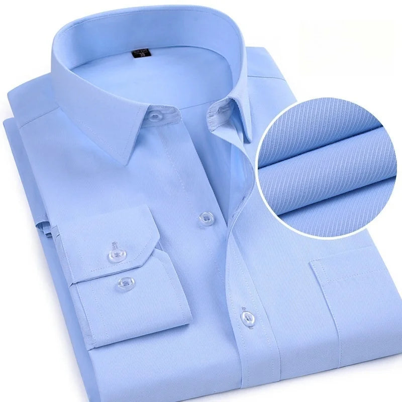 Men Formal Shirt Long Sleeve Office Solid Color Fashion Business Pocket Social Office Blue White Shirts Men's Clothing S-5XL