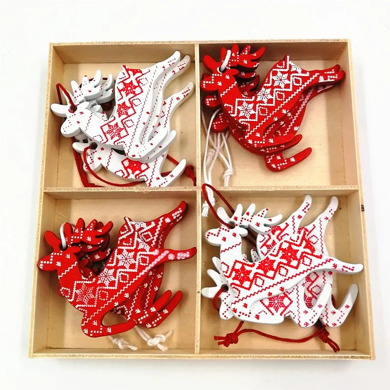 12pcs/St New Christmas Decoration Pure Wood Pendant Elk Bell Snowflake Stars Wood Pendant Christmas Tree Pendant Decor Supplies