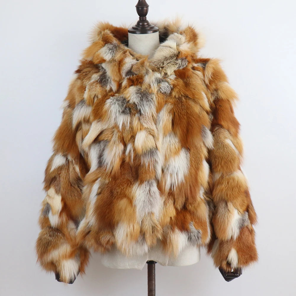 New Winter Women Real Fox Fur Hooded Coat Thick Keep Warm 100% Natural Real Fox Fur Jacket Lady Fashion Geunine Fox Fur Overcoat