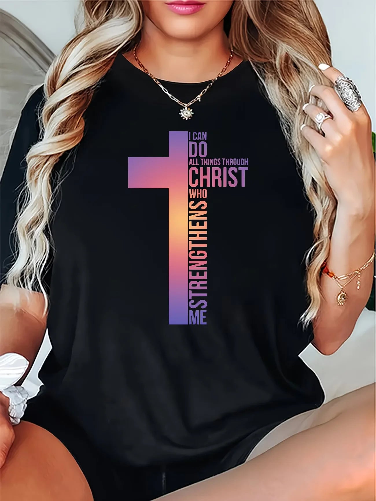 Crew Neck Short Sleeve Jesus Cross Print T Shirt Women's Outfits Casual Streetwear Retro T shirts For Lady