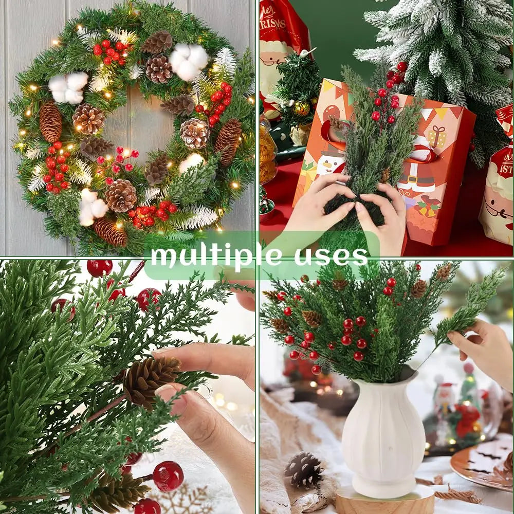 30pcs Christmas Artificial Pine Branches Red Berry Stems Pine Cones Greenery Picks for DIY Wreath Garland Xmas Home Decoration
