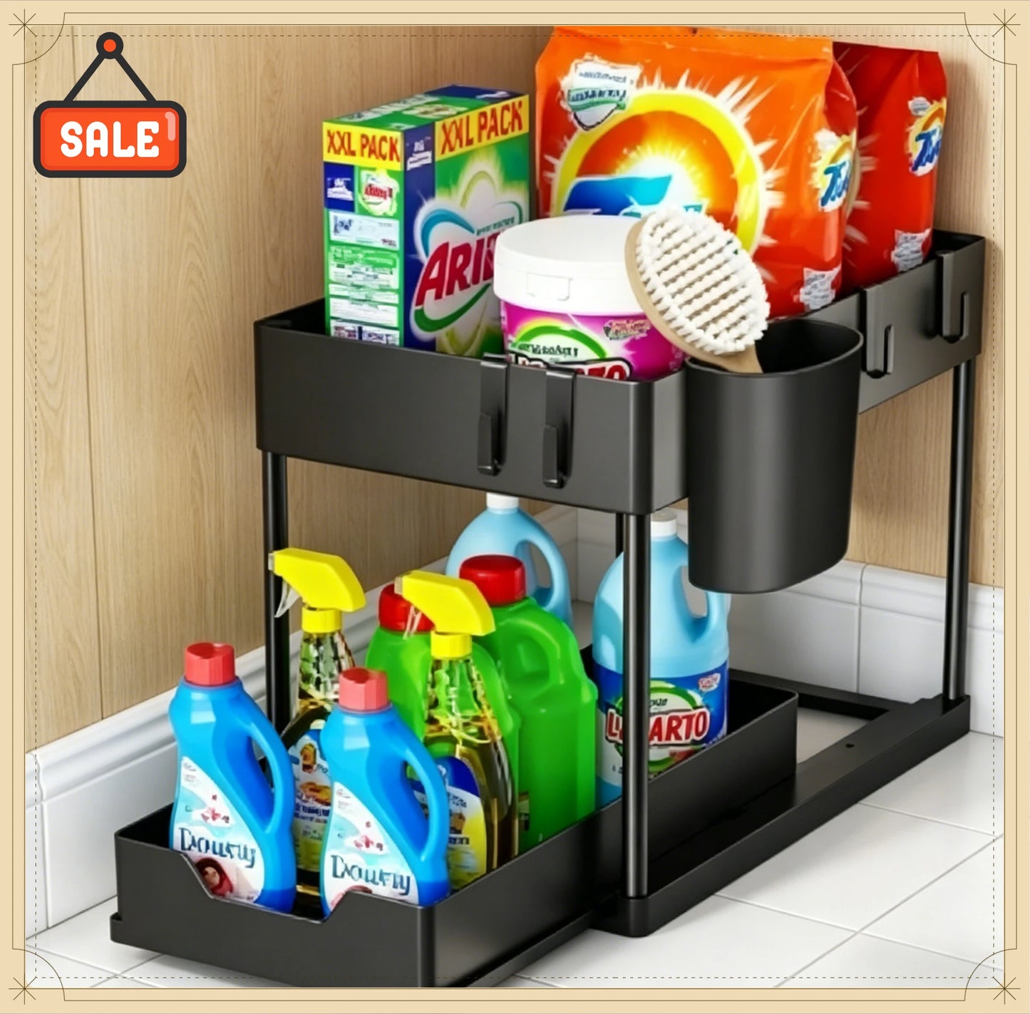 2-Tier Sliding Storage Basket Kitchen Bathroom under Sink Organizer with Multipurpose Shelf Hanging Cup & Hook Accessories