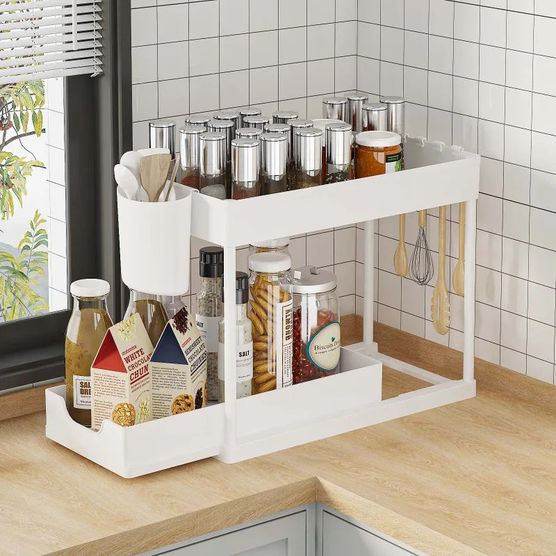 2-tier Under Sink Storage Rack Sliding Cabinet Basket Storage Rack Multifunctional Storage Rack Bathroom with Hook Hanging Cup