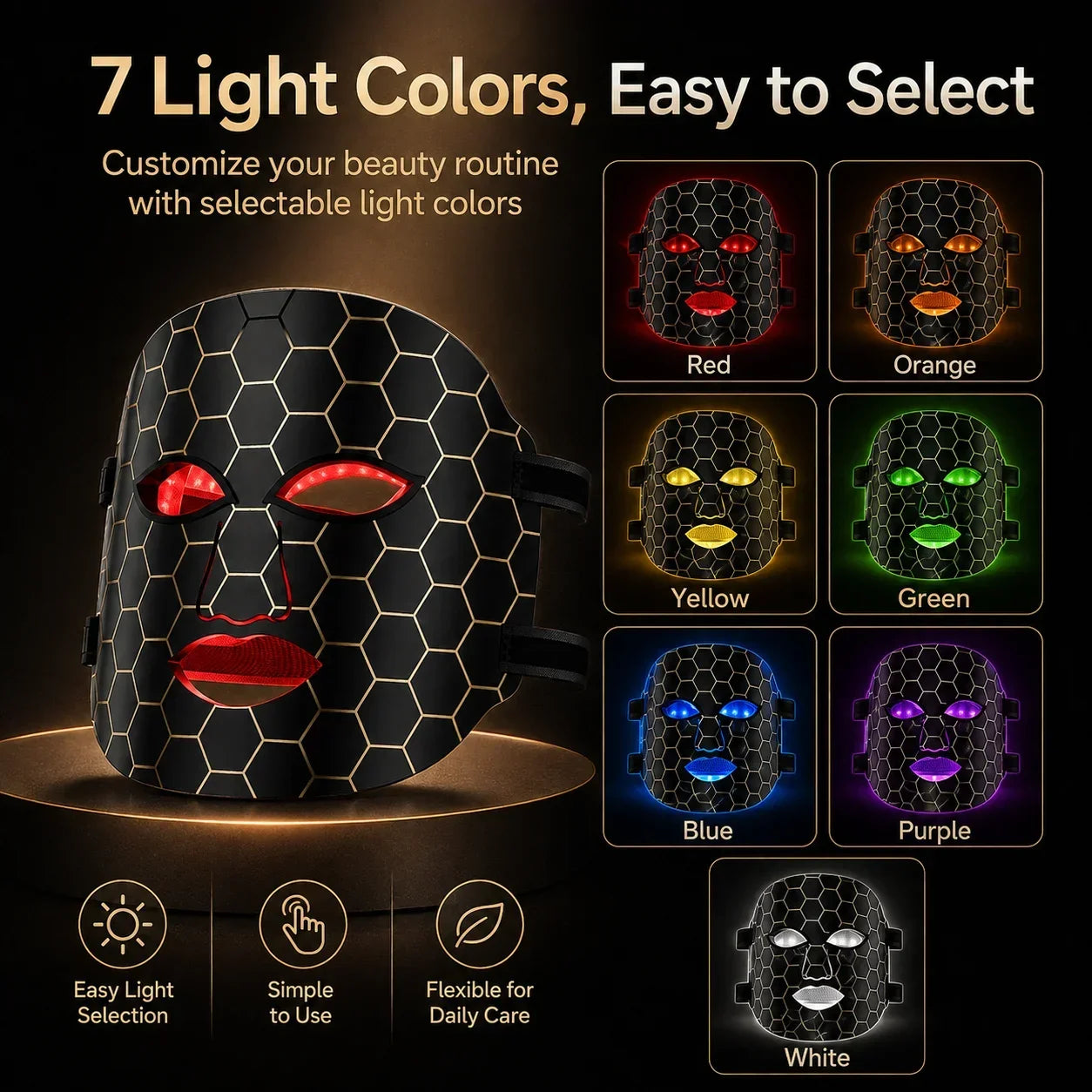 7 Color LED Face Mask Full Face Beauty Device USB-C Rechargeable 5/10/15 Min Timer Adjustable Strap Home Skin Care Mask Portable