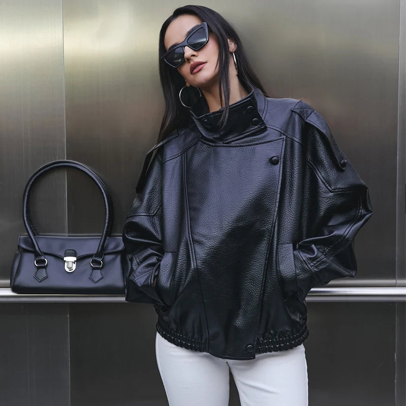 MUJER Faux Leather Women's Jacket Black Oversize Bomber Jackets for Women Outerwears Winter Overcoat Female Fashion Jacket Woman