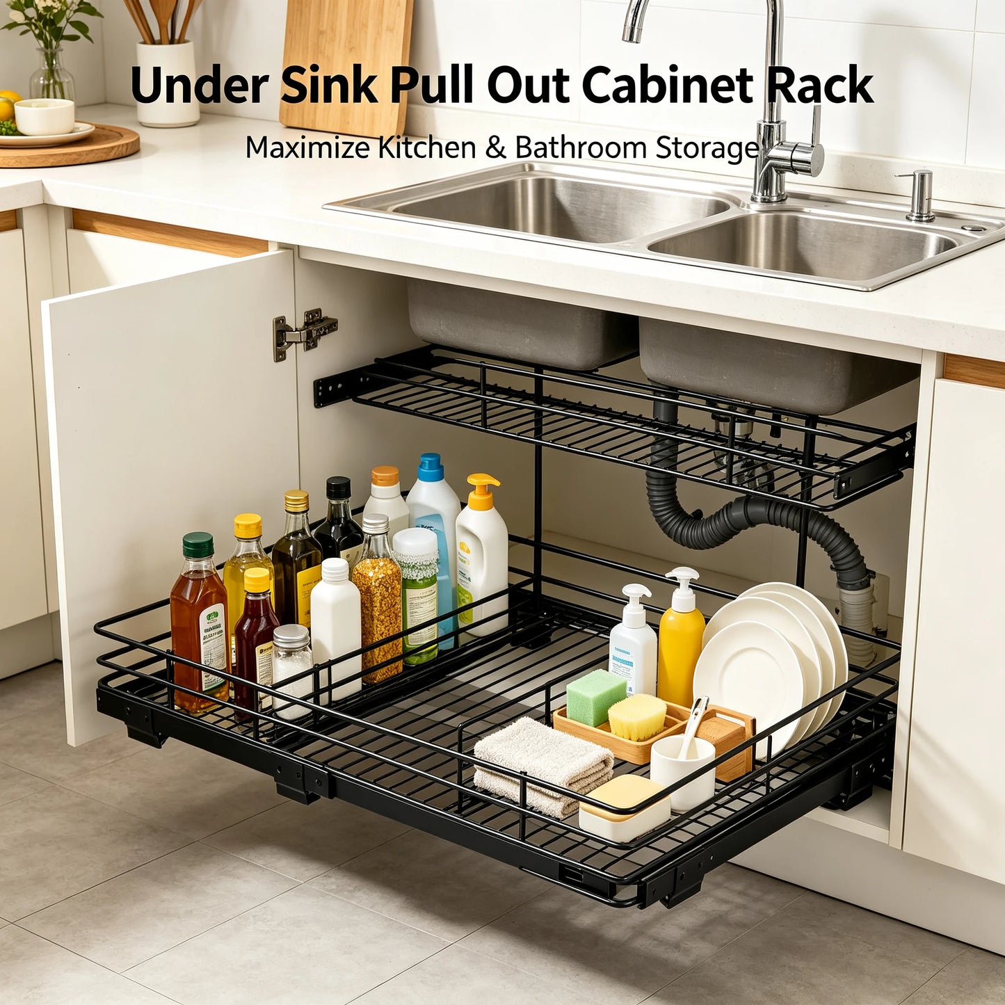 Under Sink Organizer 2-Tier Pull Out Cabinet Storage Rack, L-Shaped Slide Out Basket with Ball-Bearing Rails for Kitchen Bathroom, 22 lbs Capacity, Black