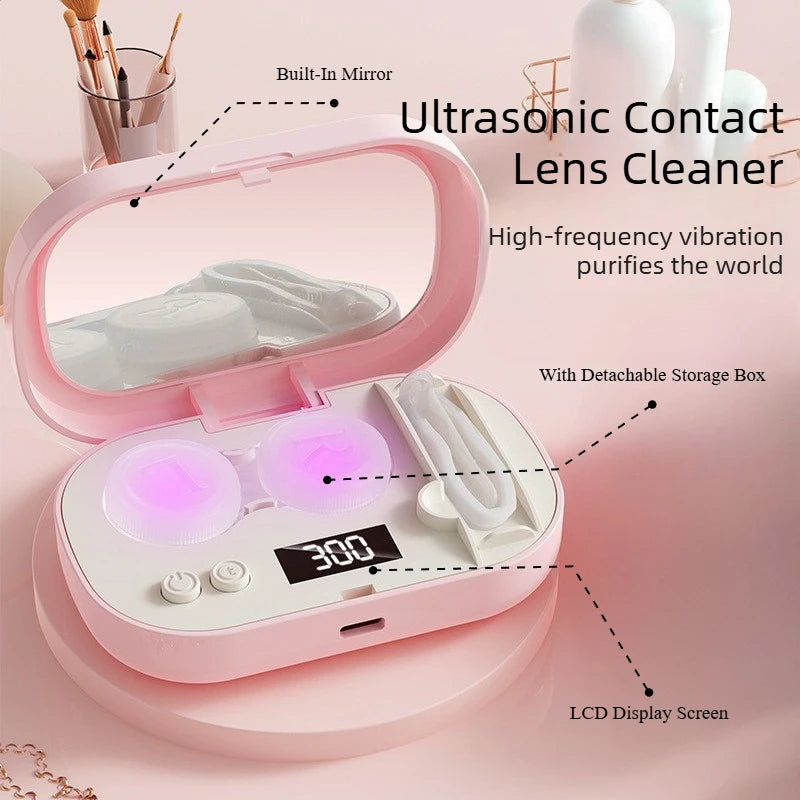 Portable Ultrasonic Contact Lens Cleaner Case With Detachable Storage Box High Frequency Cleaning LCD Display Protein Removal