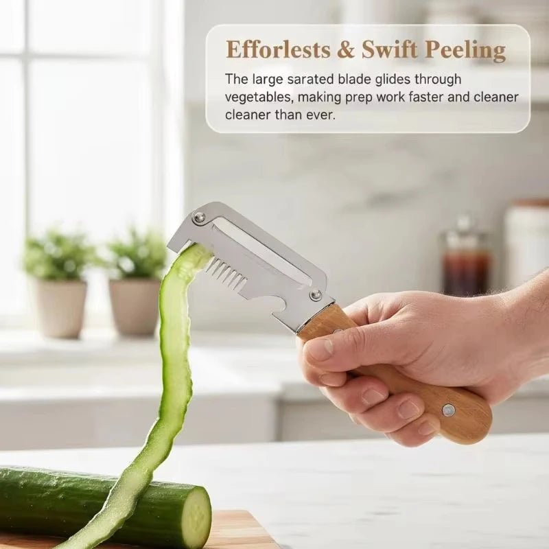 2-in-1 Stainless Steel Peeler Multi-Functional Serrated Vegetable Slicer Fruit Peeling Slicing Wooden Handle New Kitchen Knife