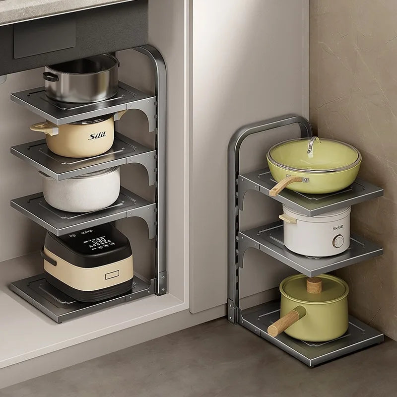 Multilayer Kitchen Storage Shelf Stainless Steel Space Saving Organizer for Pots Pans Under Sink Cabinet