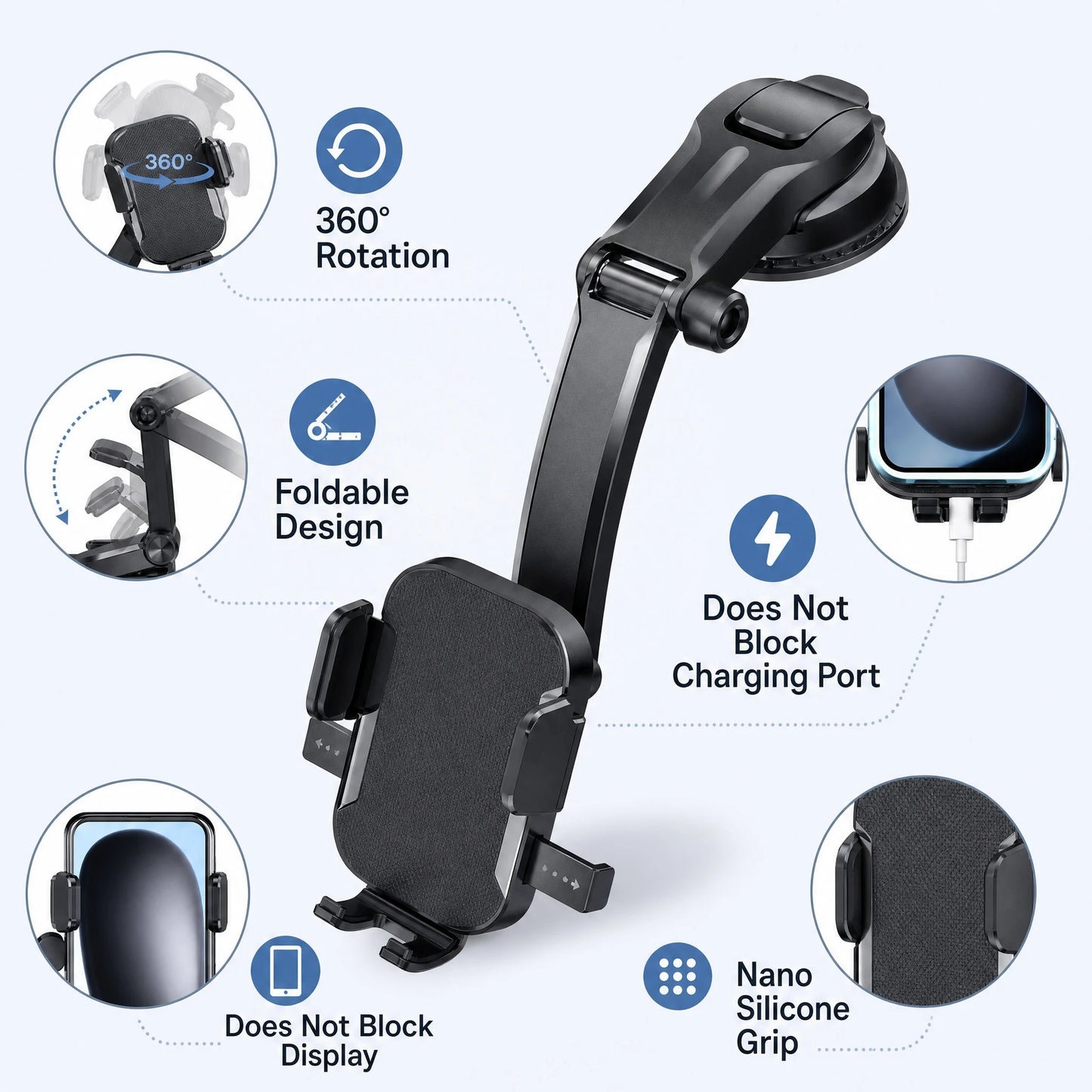 Car Phone Holder 360 Degree Rotation Dashboard Windshield Mount Universal Phone Stand Folding Car Bracket No Blocking Display Charging Port GPS Navigation