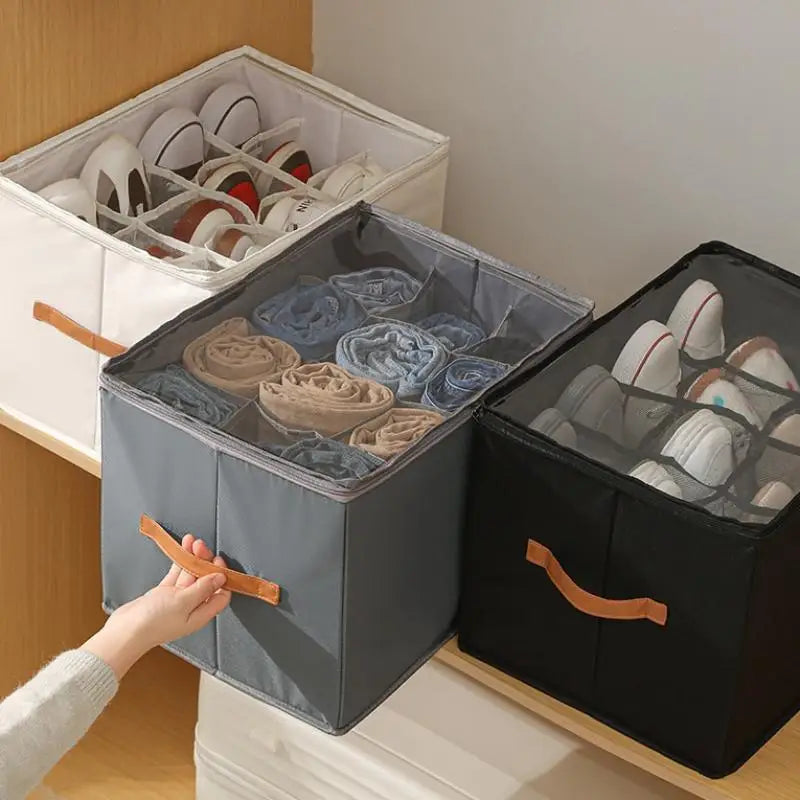 Foldable Fabric 12 Grid Shoe Storage Box Clear Zipper Lid With Handle Sneaker Organizer For Bedroom Daily Storage