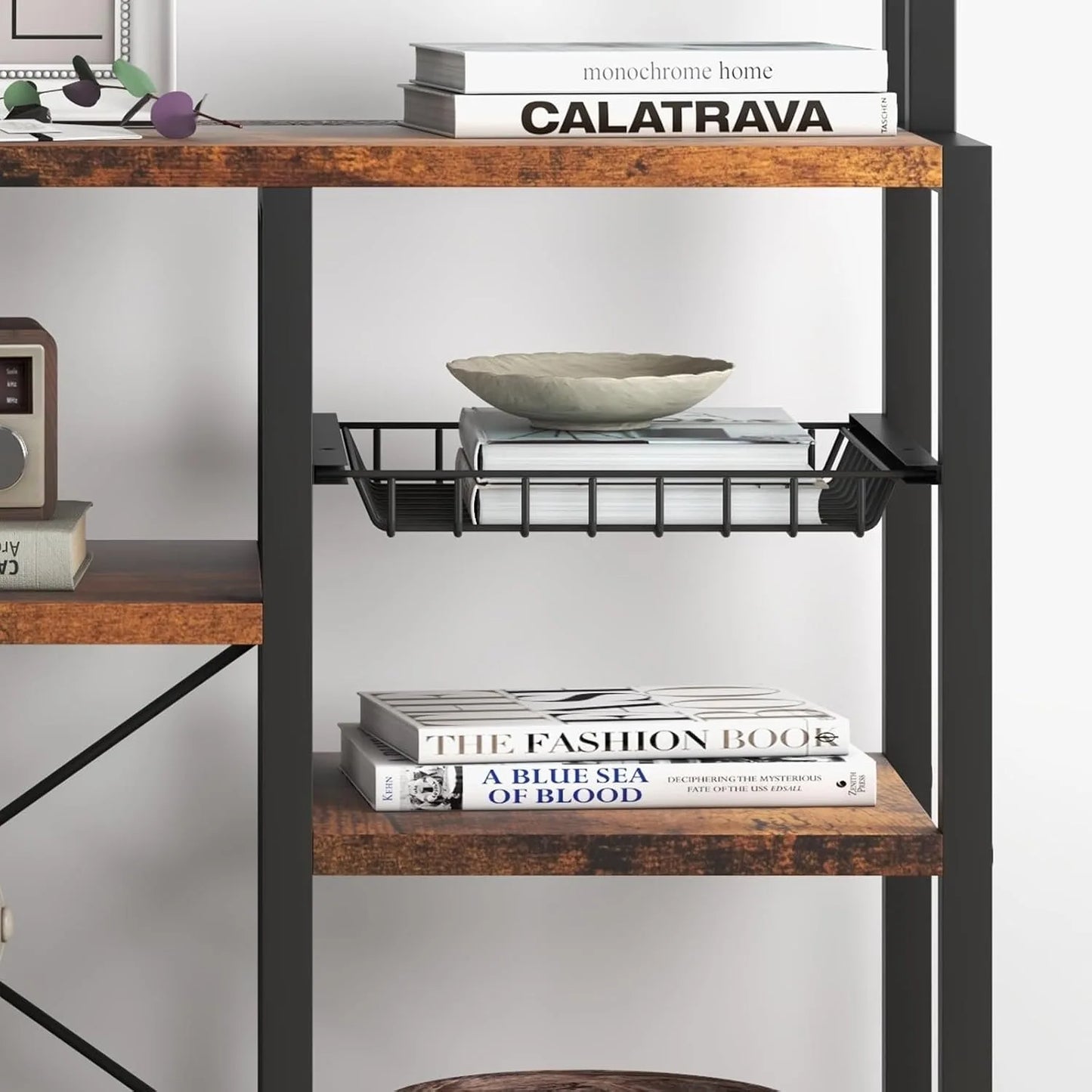 6 Tier Black Baker Rack with Power Outlet, Kitchen Microwave Stand Coffee Bar Station with Wire Drawer & Storage Basket, Large Freestanding Kitchen Organizer Shelf with MDF Board and Steel Frame for Cookware Spices Dining Roo