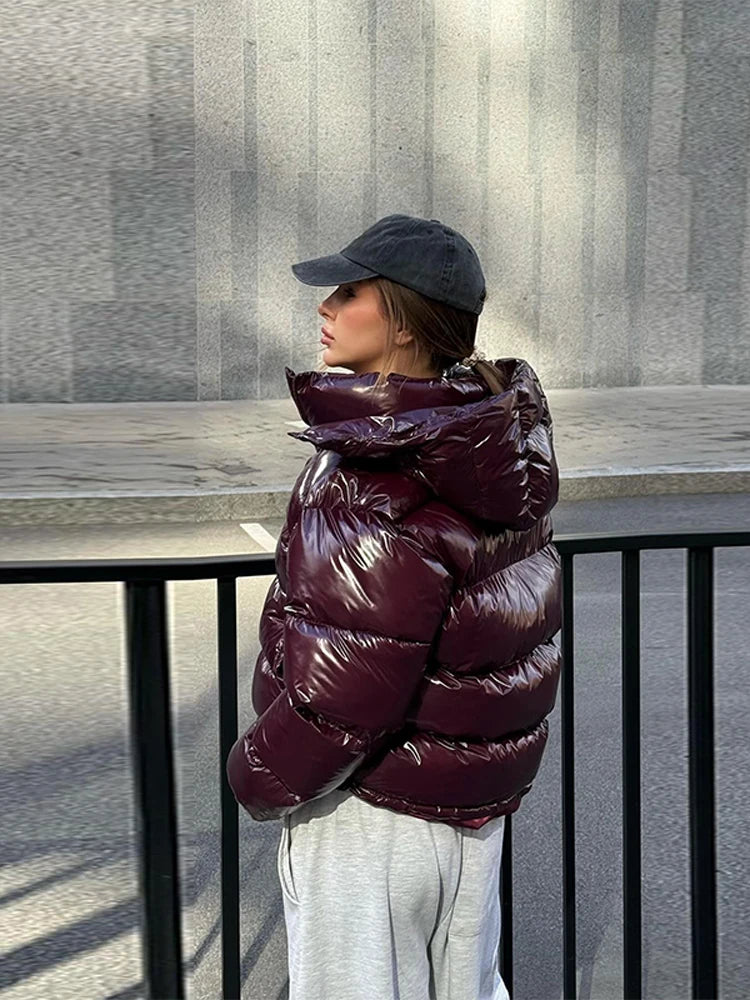 Women Solid Hooded Glossy Padded Jacket Long Sleeve Stand Zipper Fluffy Warm Coat Autumn Winter 2025 Chic Casual Street Jackets