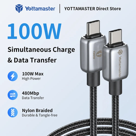 Yottamaster Zinc alloy braiding Type-C Charger Cable 1m 1.5m 2m 100W Type C fast charging cable For iPhone MacBook iPad Switch
