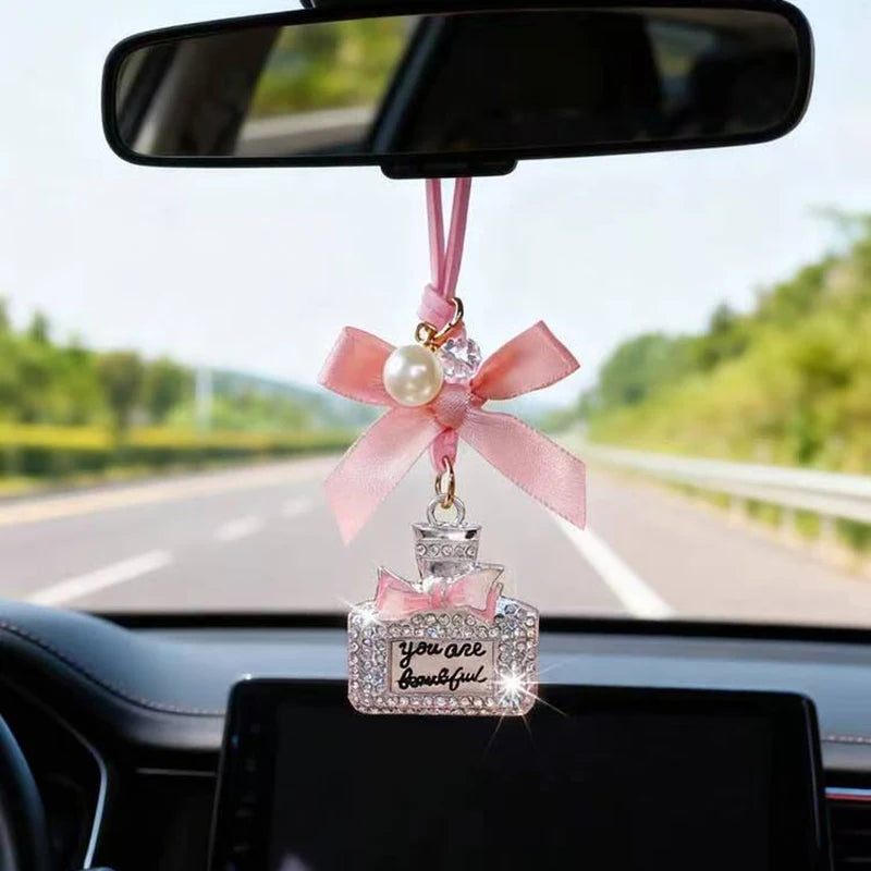 Fashionable Bow Knot Diamond Inlaid Perfume Bottle Car Interior Pendant Exquisite with Drill Car Rearview Mirror Car Accessories