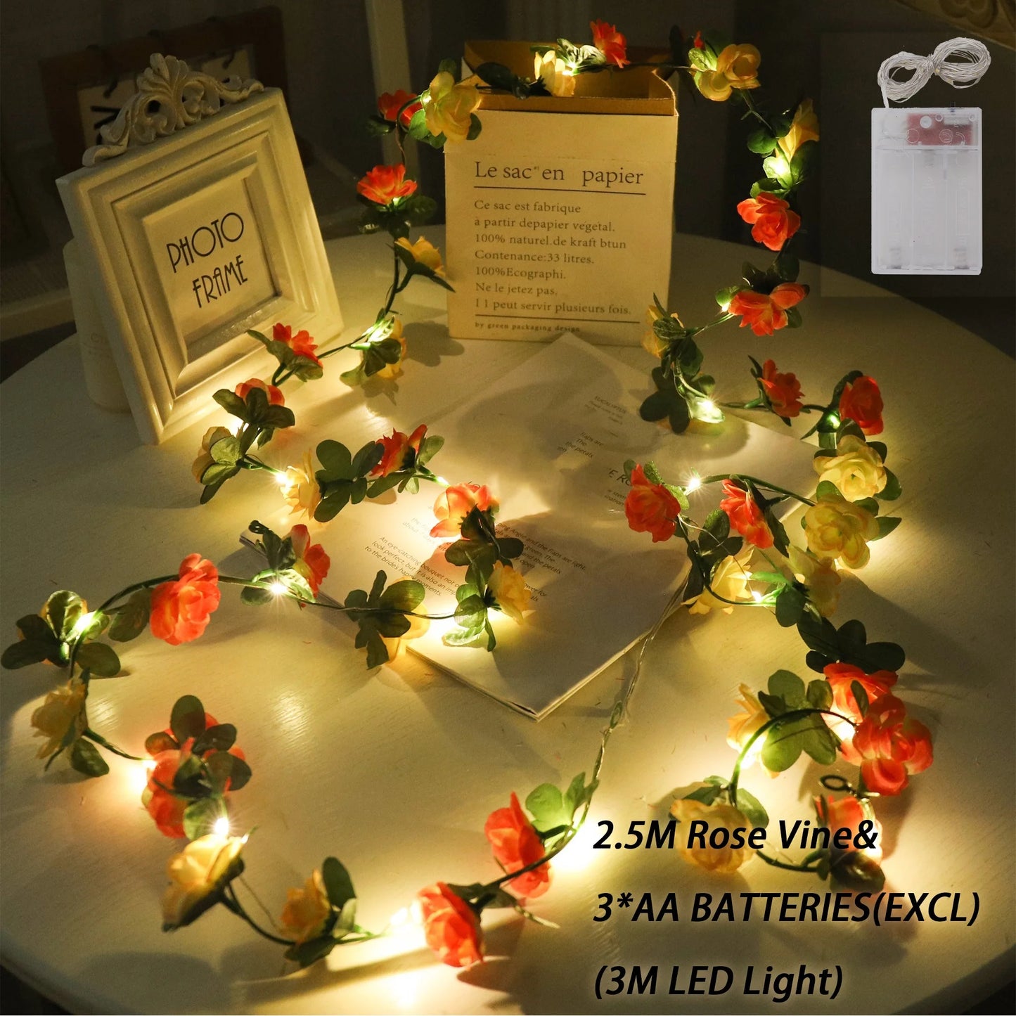 Rose LED Lights String Artificial Flowers Ivy Leaves Wedding Garland Home Room Decoration Arch Hanging Wall Garden Party Decor