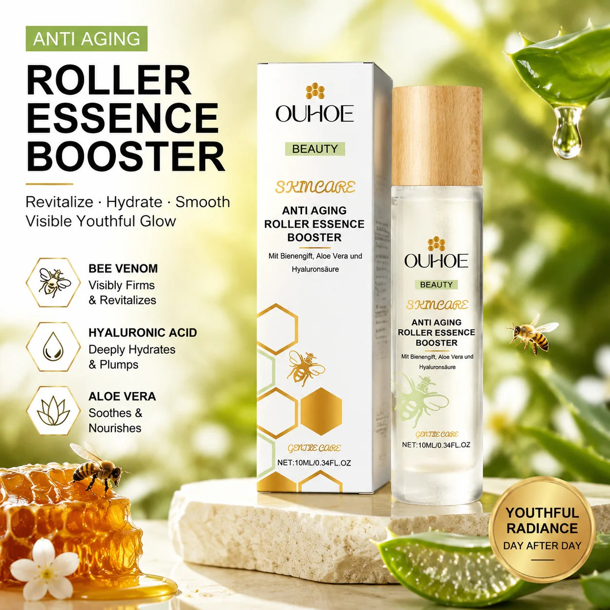 Anti Aging Roller Essence Bee Venom Booster Hyaluronic Acid Skin Firming Fine Lines Improvement  Facial Massage Skincare Serum