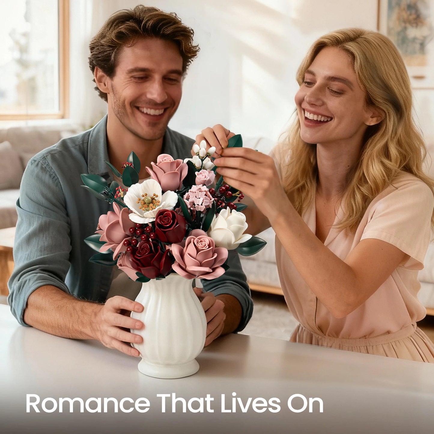 Pink Roses Bouquet Building Set Artificial Flowers Plants Home Office Room Decor Valentines Day Christmas Gifts for Adults Women