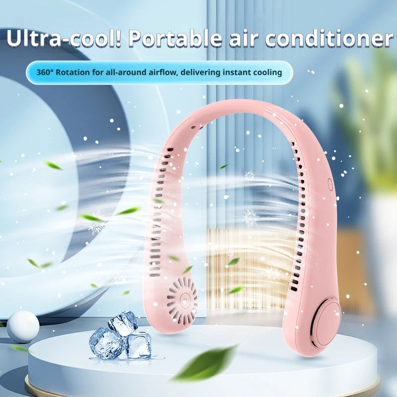 2026 Long Endur New Mini Neck Mounted Fan Portable Bladeless Neck Rechargeable Air Cooler 3 Speed Mini Summer Sports Fan Outdoor