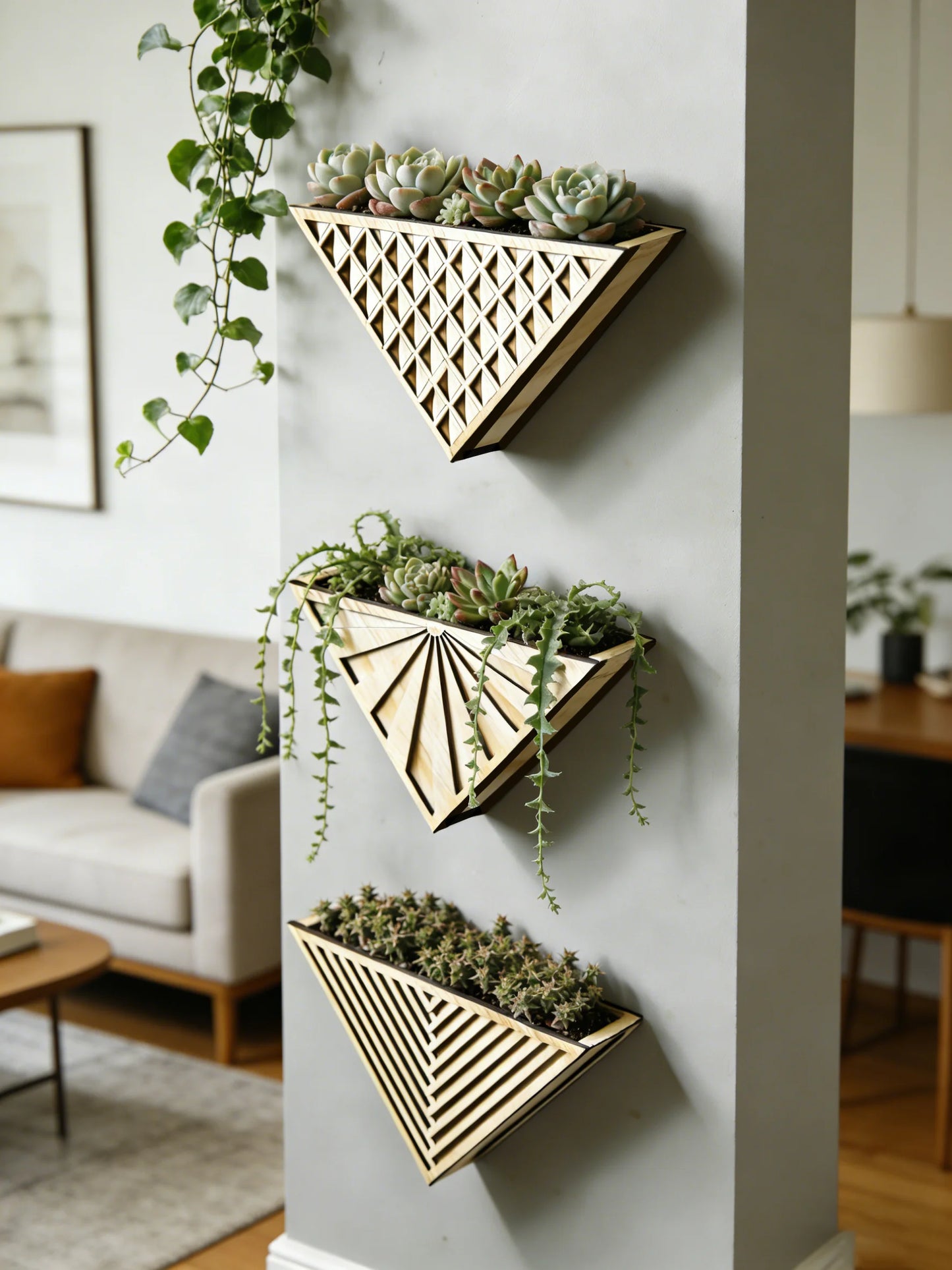 1pc Wooden Triangle Wall Planter Geometric Flower Pot for Succulent Herb Plants Storage Organizer Home Garden Balcony Wall Decor