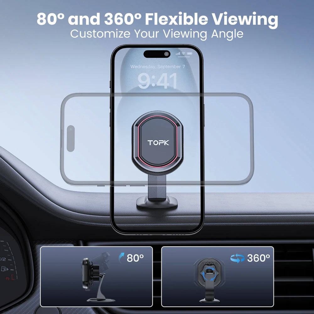 TOPK Car Phone Holder Dashboard Mount [Super Strong Magnet] Magnetic Car Mount Phone Stand For iPhone15 Samsung Car Phone Mount